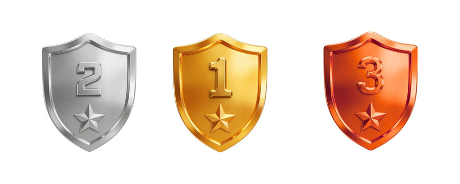 Realistic 3D Gold, Silver, and Bronze Badge Shield Medals Set for Rankings and Achievements, Isolated on White Background