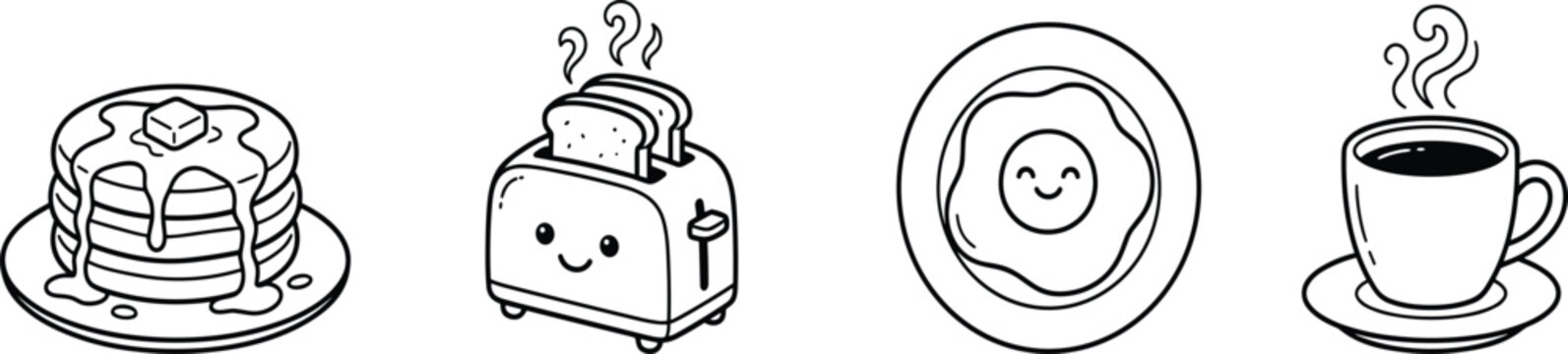 Pancakes toaster toast fried egg smiling face coffee cup saucer breakfast food cute cartoon morning meal snack drink icon set -flat vector illustration