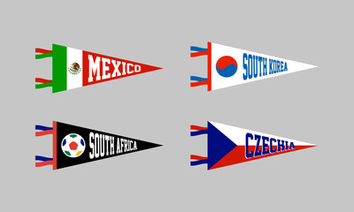 Obraz premium Soccer or Football Team Mexico, South Korea, South Africa, Czechia Fan Pennants set. Group A. Retro colors labels. Vintage hand drawn wanderlust style.