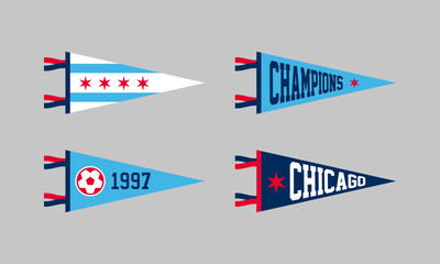 Naklejka premium Set of Chicago soccer team pennants. Retro colors labels. Vintage hand drawn wanderlust style. Isolated on white background. Good for t shirt, mug, other identity. Vector illustration.