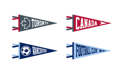Naklejka premium Set of Toronto, Vancouver soccer team pennants. Retro colors labels. Vintage hand drawn wanderlust style. Isolated on white background. Good for t shirt, mug, other identity. Vector illustration.