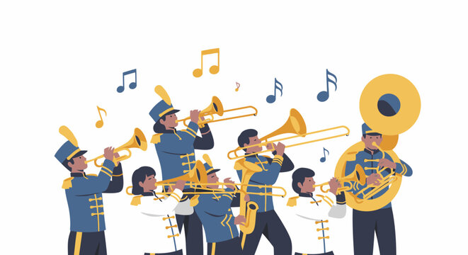 Juneteenth Day celebration with lively band performance in a joyful outdoor setting on a sunny day with musical notes floating around musicians playing brass instruments.