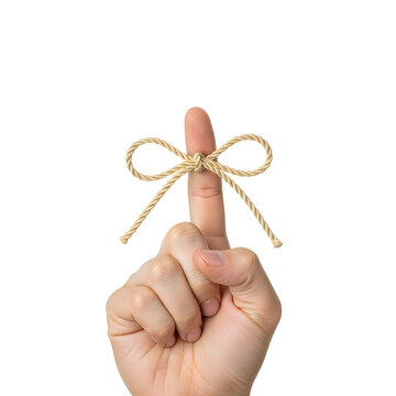 Reminder concept a person with a bow tied on their index finger on a white background.