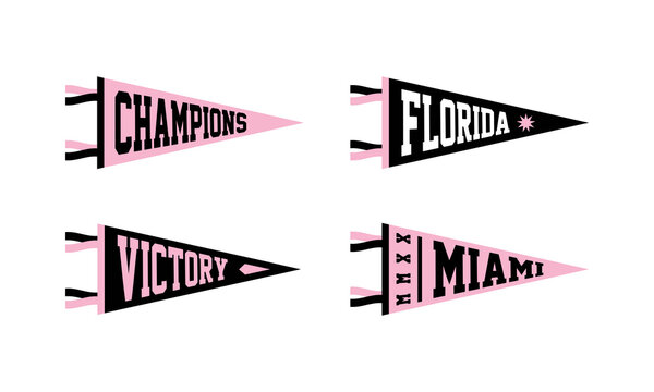 Set of Miami soccer team pennants. Retro colors labels. Vintage hand drawn wanderlust style. Isolated on white background. Good for t shirt, mug, other identity. Vector illustration.