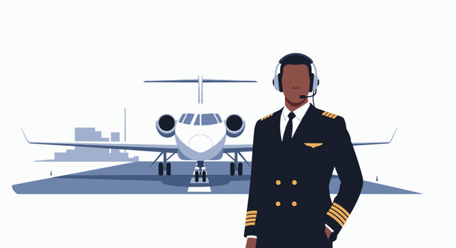 Juneteenth Day celebration with a pilot standing confidently in front of an airplane on the runway with a cityscape in the background on a sunny day with clear blue skies and a few clouds.