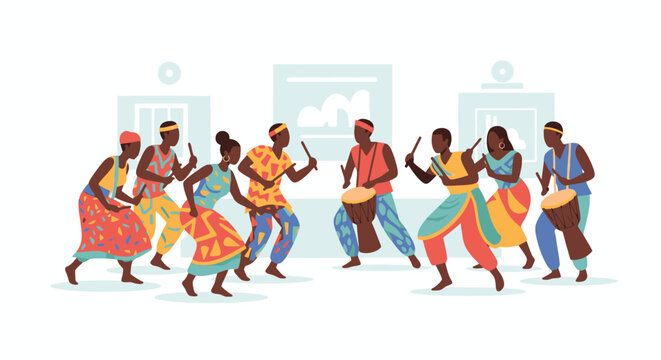 Vibrant Juneteenth Day celebration with joyful people dancing outdoors in traditional attire on a sunny day with colorful clothing and lively movements.