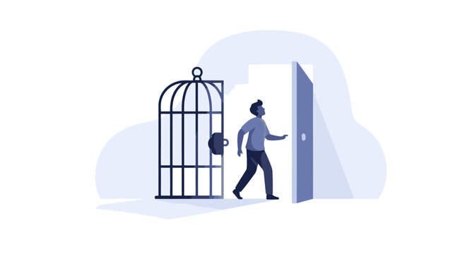 Person walks out of a door next to an open birdcage on Juneteenth Day with freedom and celebration.