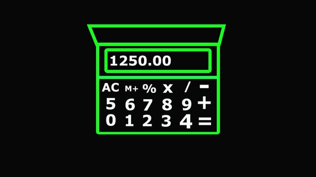 Neon calculator display with numbers and symbols on black background for math finance and education visuals.