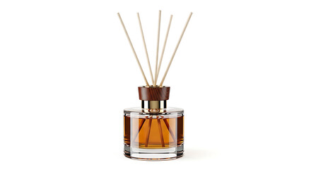 Obraz premium Elegant glass reed diffuser with amber liquid and wooden lid on a clean white background transparent background