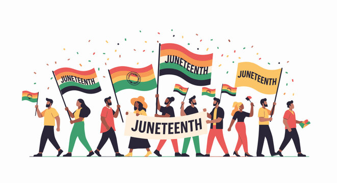 People celebrate Juneteenth Day with vibrant flags and joyful confetti in a festive outdoor event atmosphere freely.