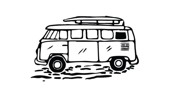 Retro camper van with surfboard on roof during sunny summer day for travel concept