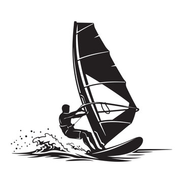 Windsurfer silhouette vector illustration. Representing extreme water sports, summer adventure, and ocean activities for nautical design