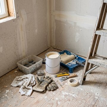 Home renovation room with painting tools, ladder and drywall repair in progress