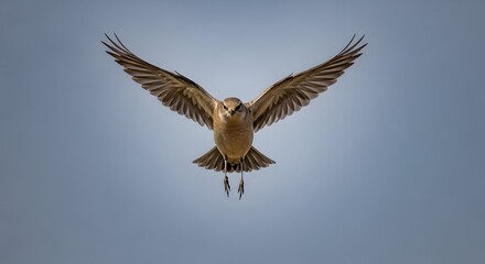 Obraz premium Brown bird in flight with wings spread wide against a soft blue sky in natural daylight