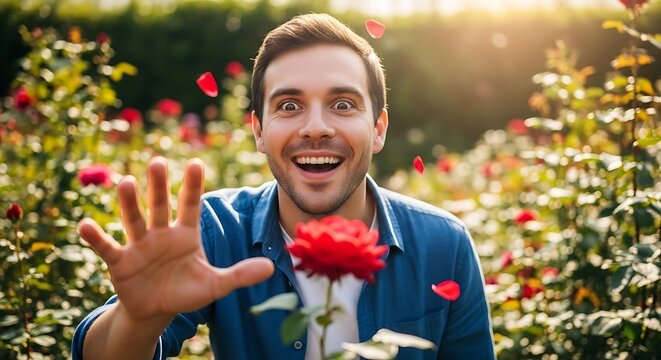 Man with surprised expression in rose garden, petals falling