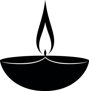 A minimalist black and white vector illustration of a traditional indian oil lamp called diya