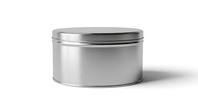 Shiny metallic cylindrical container with a removable lid casting a soft shadow transparent background