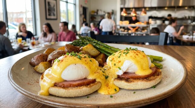 Eggs benedict on toasted English muffins with ham, poached eggs, and hollandaise sauce on a plate.