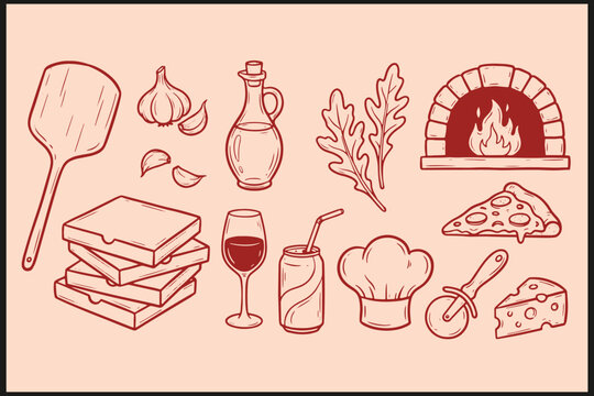 Red line illustration of pizza Italian cuisine elements with oven garlic olive oil panini wine and cheese on beige background