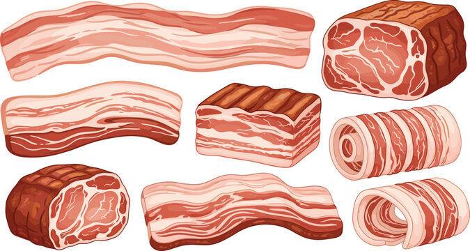 Assorted raw bacon and meat blocks vector set. Hand-drawn thick bacon strips, rolled bacon, and pork cuts in various shapes. Perfect for cooking, culinary, and food-themed projects.