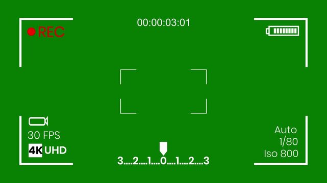 Digital camera viewfinder overlay, cinematic recorder interface, dslr filming frame, dslr recording screen, focus camera animation, rec symbol, green background video 4k loop