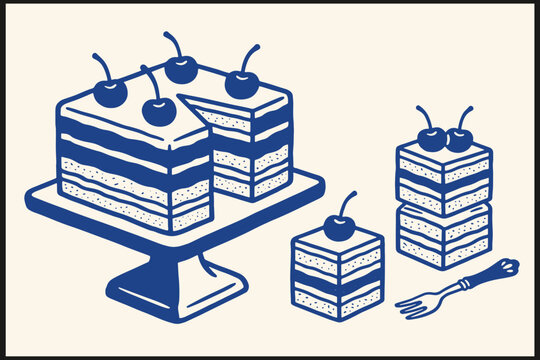 Stylized blue line illustration of layered cake with cherries on top sliced and served on stand with fork