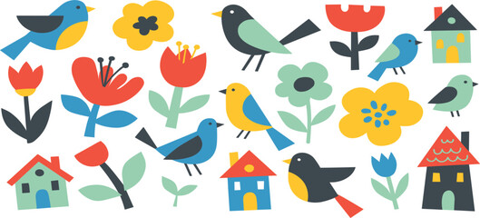 Scandinavian Folk Art Collection Featuring Colorful Birds, Flowers, and Houses in Minimal Nordic Flat Vector Illustration Style © AB