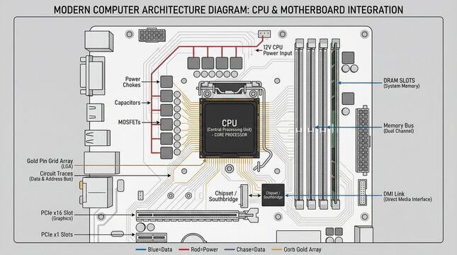 Isometric Diagram of Computer CPU on Circuit Board with RAM Slots