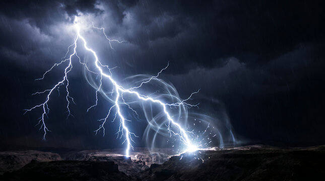 Giant jagged lightning bolt exploding in dark stormy sky