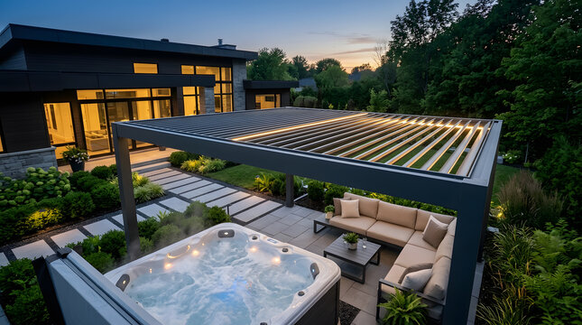 Modern backyard patio design with louvered pergola | Luxury outdoor living space with hot tub and lounge | Contemporary house exterior with garden landscaping | Evening patio lighting ideas