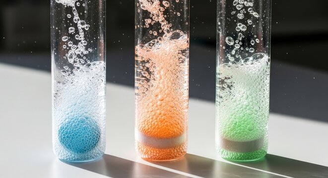 Colorful Effervescent Tablets Dissolving in Test Tubes