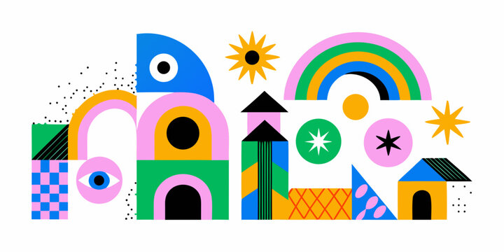 abstract geometric town illustration with colorful shapes and suns