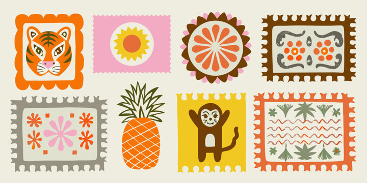 Collection of decorative postage stamp style illustrations with tropical and animal motifs