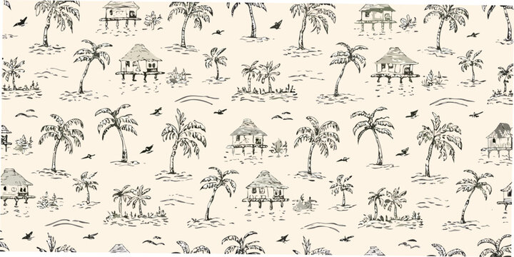 Tropical island scene seamless pattern hand drawn style beige background