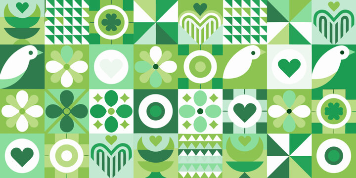 green folk art pattern with birds hearts and clover shapes