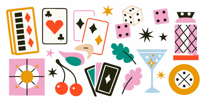 Casino elements illustration with playing cards dice cherries and martini