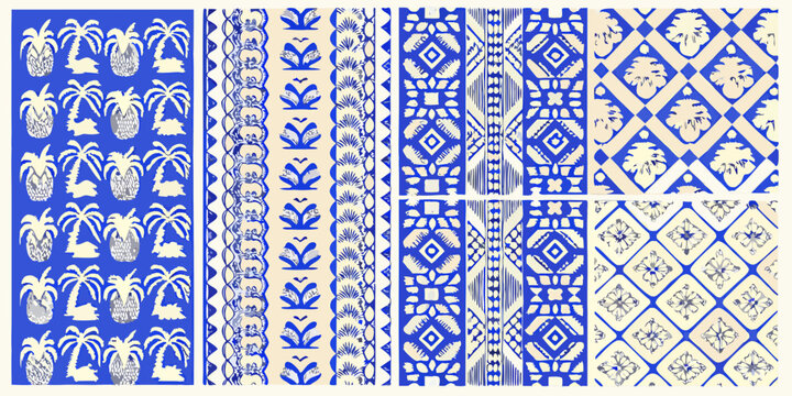 blue and white tropical pattern with palm trees and geometric shapes