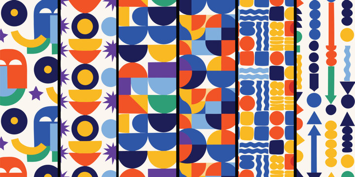 Modern geometric seamless pattern collection with playful bright shapes.