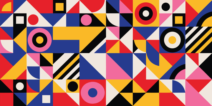 Abstract geometric pattern with colorful circles triangles and squares.