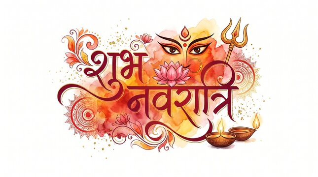 Festive greeting card for Shubh Navratri and Ram navami with logo type and hindi calligraphy in traditional indian watercolor style.