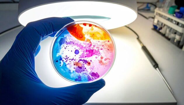 Colorful Petri Dish Culture Held by Gloved Hand