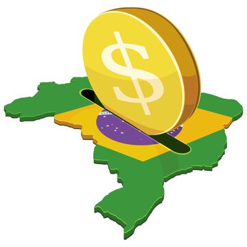 Illustration of American capital entering Brazil, representing foreign investment, trade relations, and economic cooperation using a dollar coin and map. (cut out)