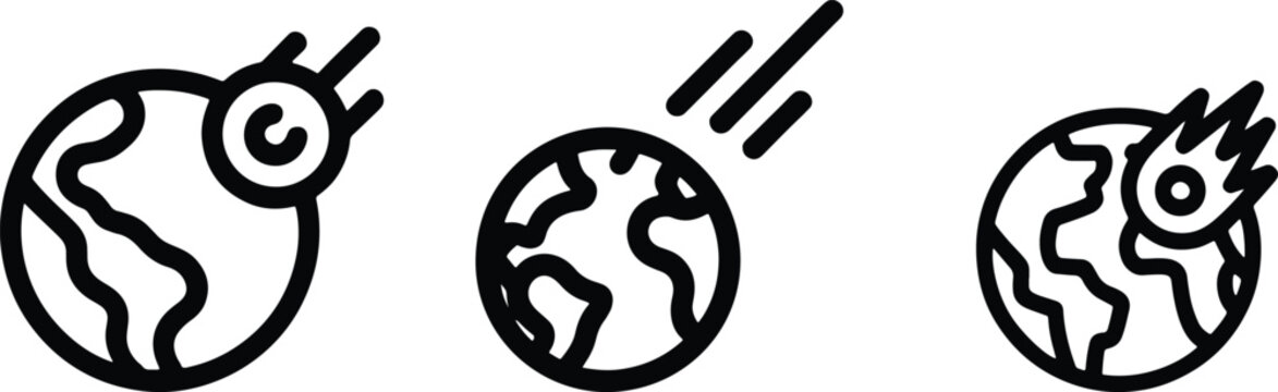 Earth planet and meteor asteroid impact line icons
