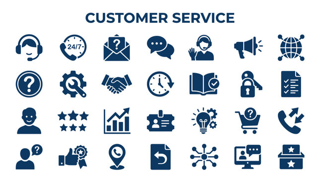 Customer Service Icons Set Representing Support Communication Helpdesk Assistance and Satisfaction