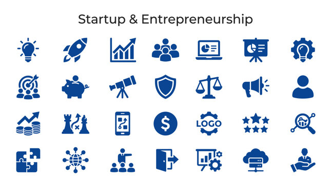 Startup and entrepreneurship icons representing business growth innovation strategy and success