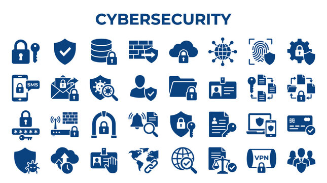 Cybersecurity icons and symbols representing digital protection data safety and online security concepts