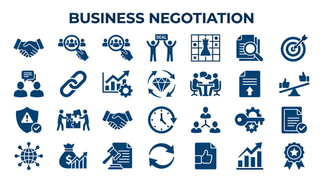 Business Negotiation Icons Set Showing Agreement Strategy Collaboration Deal Making and Success Concepts