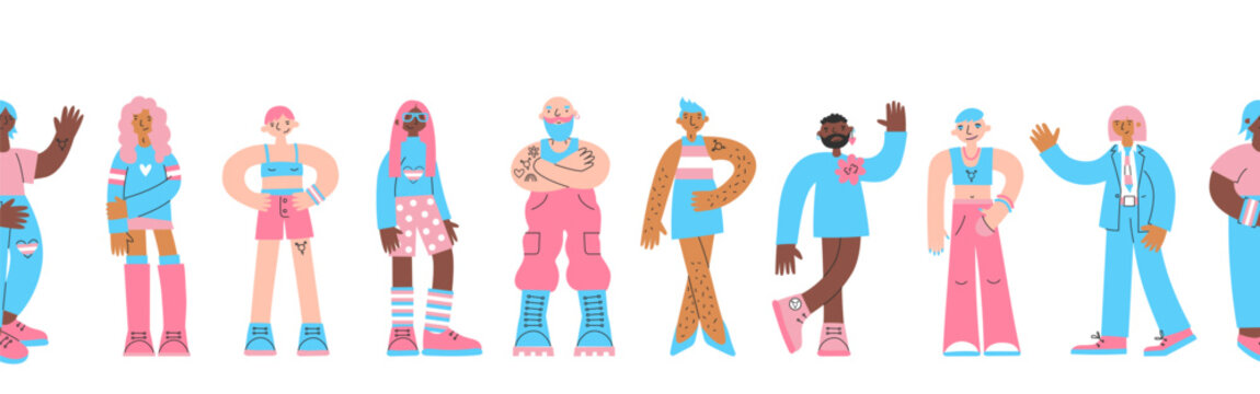 Seamless border with diverse trans people with various skin colors. Individuality, self-expression, confidence and identity concept. Genderqueer and transgender awareness and inclusion.
