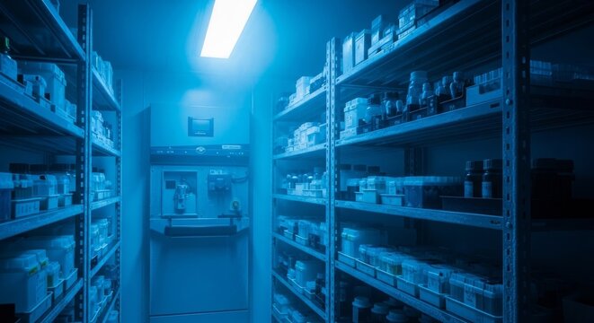 Compact cold room with medical storage shelves