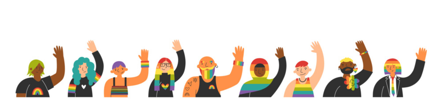 Diverse lgbt characters set with raised hands, rainbow elements and various skin tones. Concept of pride, visibility, self-expression and inclusive identity. Representation of queer and gay support.